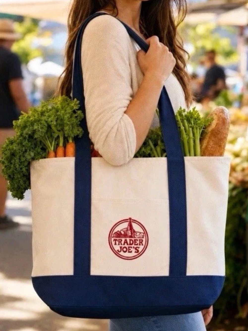 Trader Joe's Canvas Tote Bag in Natural and Navy